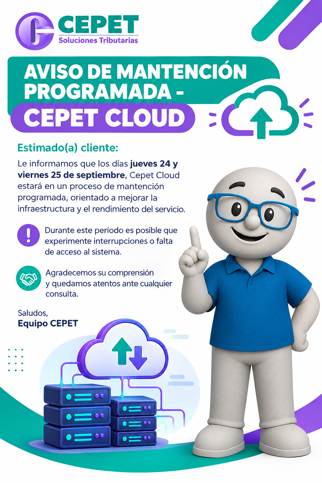 FLYER AVISO DE MANTENCION PROGRAMADA CEPET CLOUD - CEPET SYSTEM